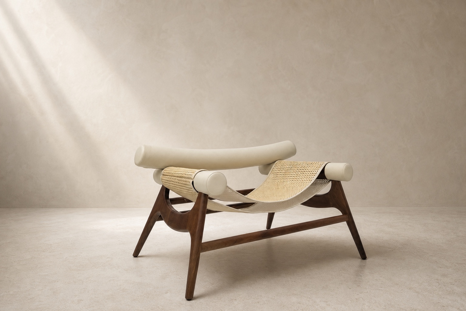 Crafted Lounge Chair — Solid timber · woven seat · leather bolster